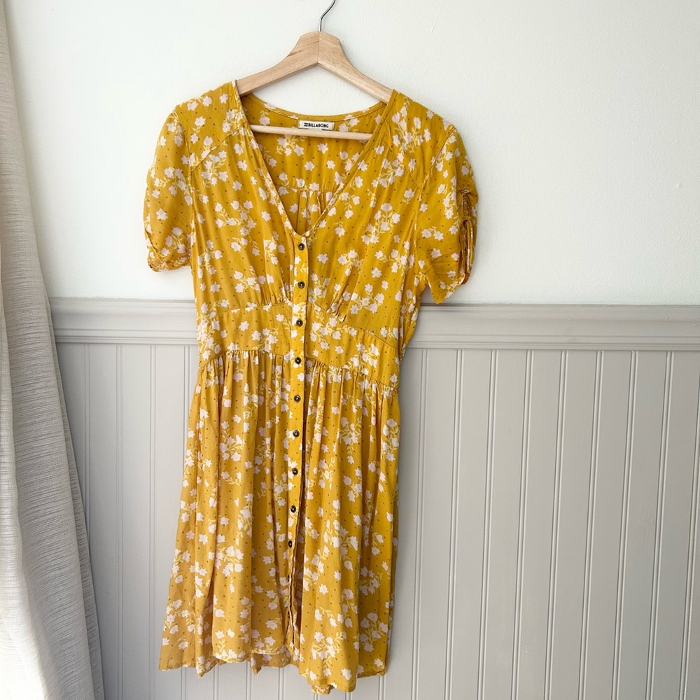 Billabong Medium Mustard Floral Button Front Mini Dress Smocked Waist Boho - Picture 2 of 7